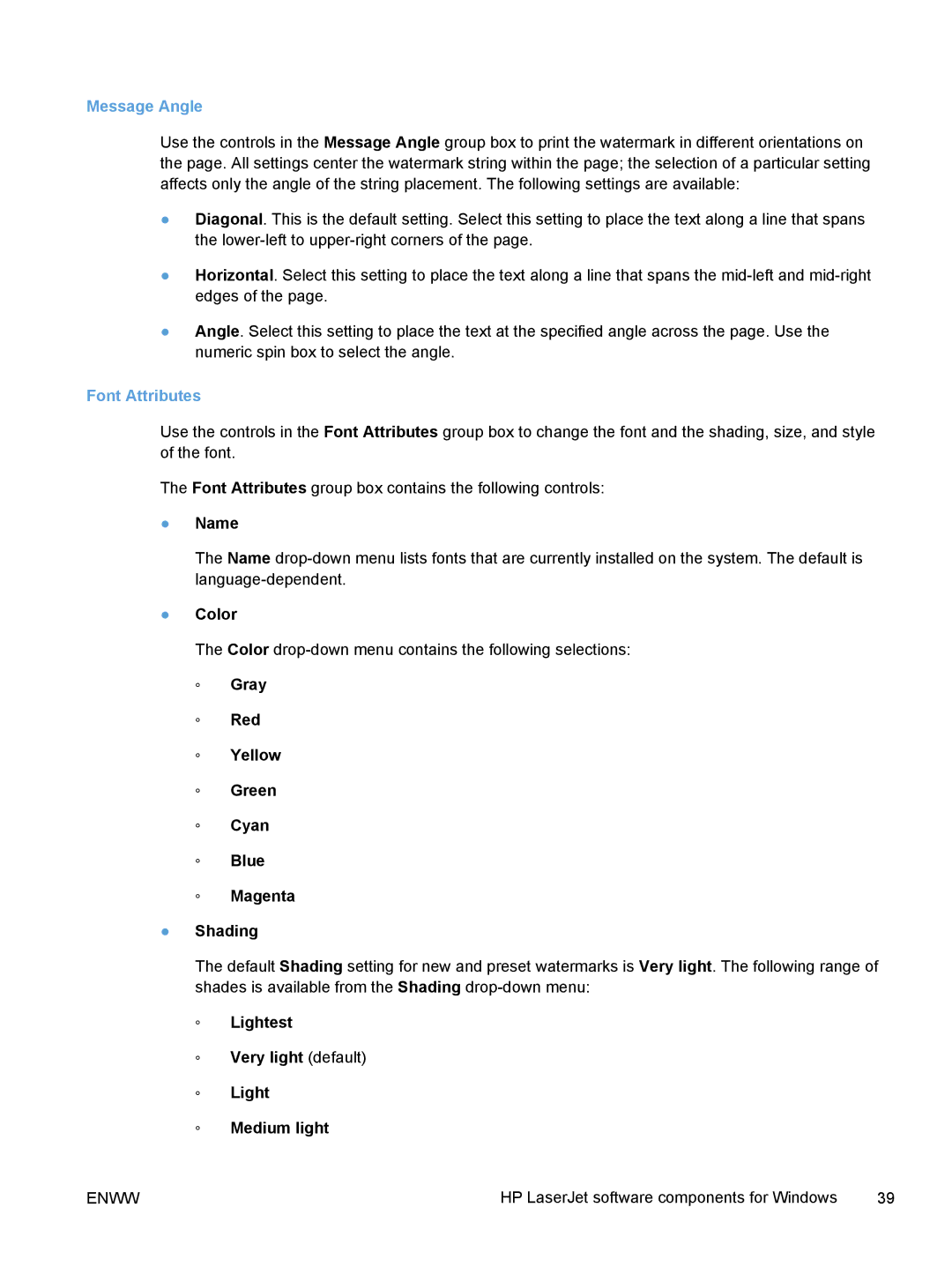 HP TopShot M275 MFP manual Message Angle, Font Attributes, Name, Gray Red Yellow Green Cyan Blue Magenta Shading 