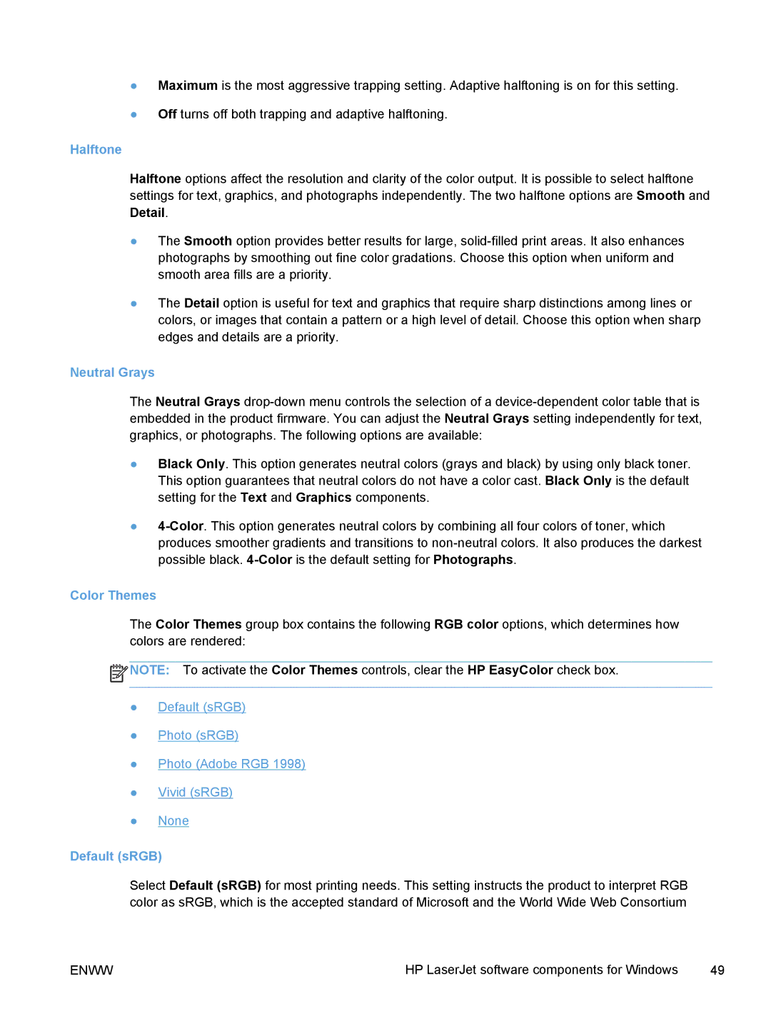 HP TopShot M275 MFP manual Halftone, Neutral Grays, Color Themes, Default sRGB 