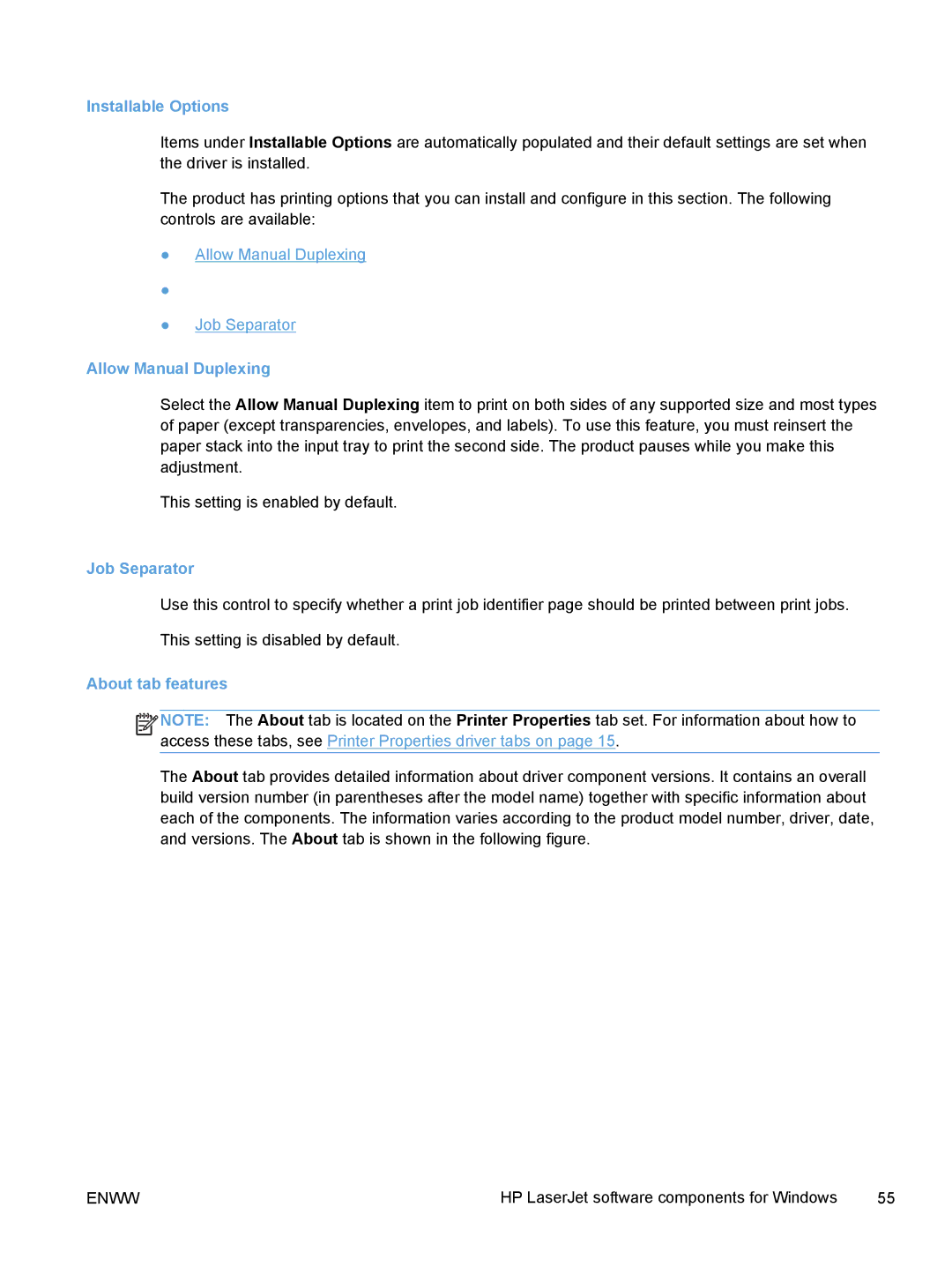 HP TopShot M275 MFP manual Installable Options, Allow Manual Duplexing, Job Separator, About tab features 