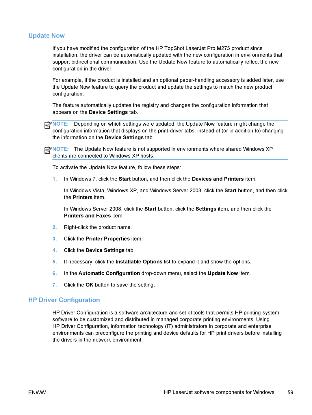 HP TopShot M275 MFP manual Update Now, HP Driver Configuration 