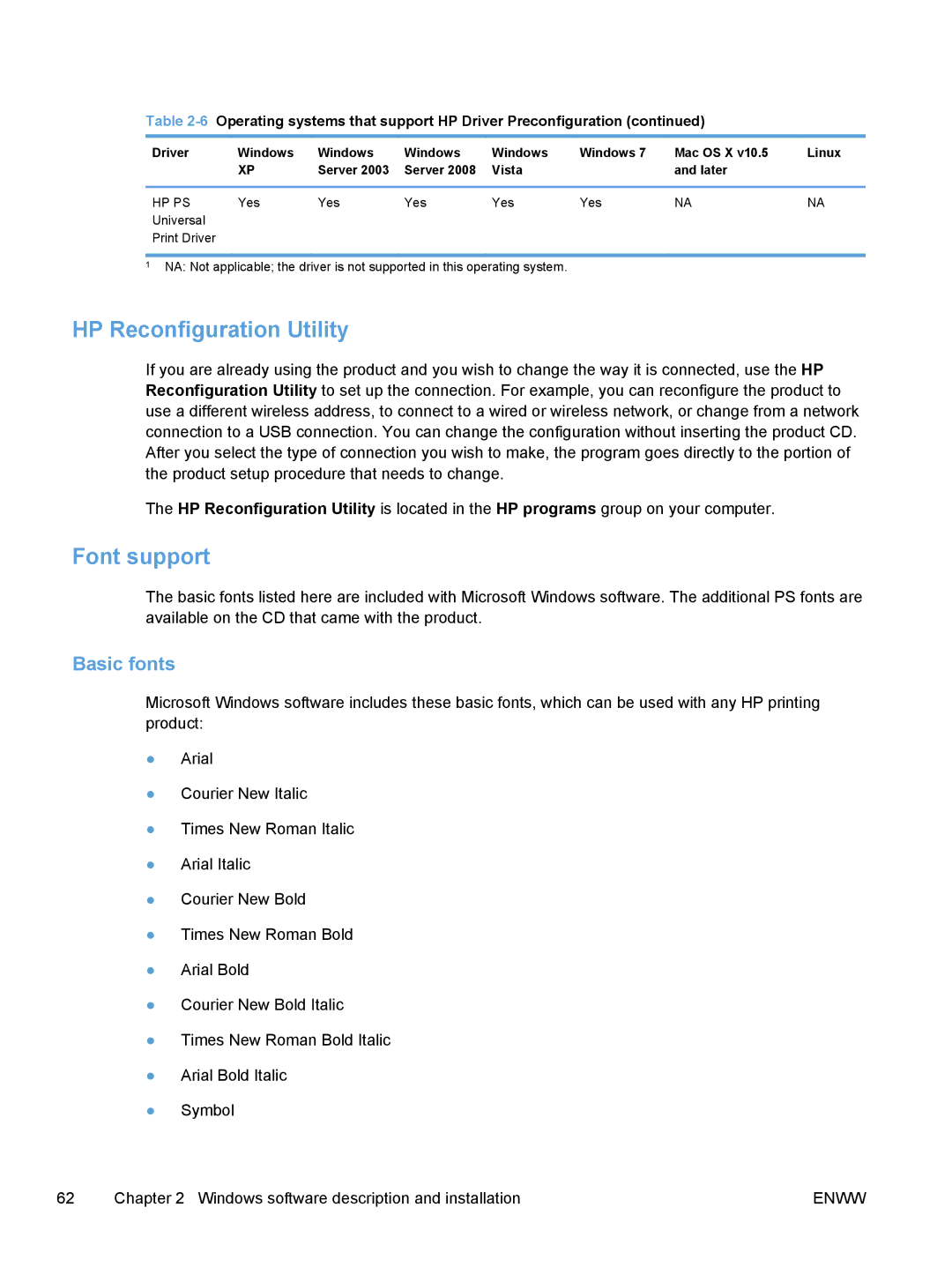 HP TopShot M275 MFP manual HP Reconfiguration Utility, Font support, Basic fonts 