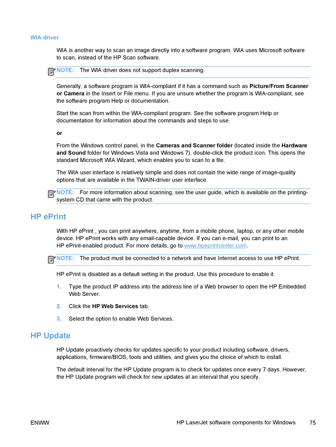 HP TopShot M275 MFP manual HP ePrint, HP Update, WIA driver, Click the HP Web Services tab 