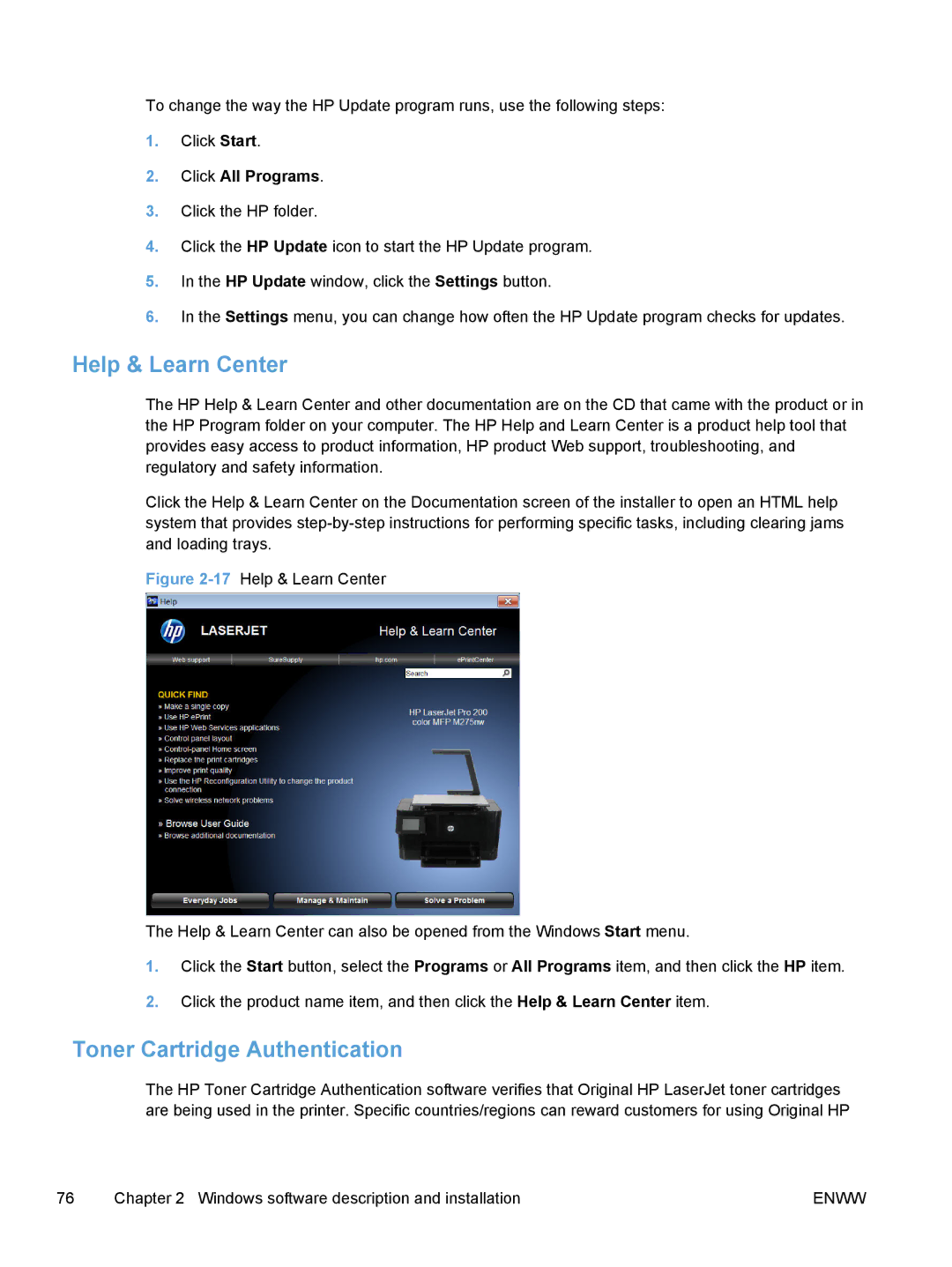 HP TopShot M275 MFP manual Help & Learn Center, Toner Cartridge Authentication, Click All Programs 