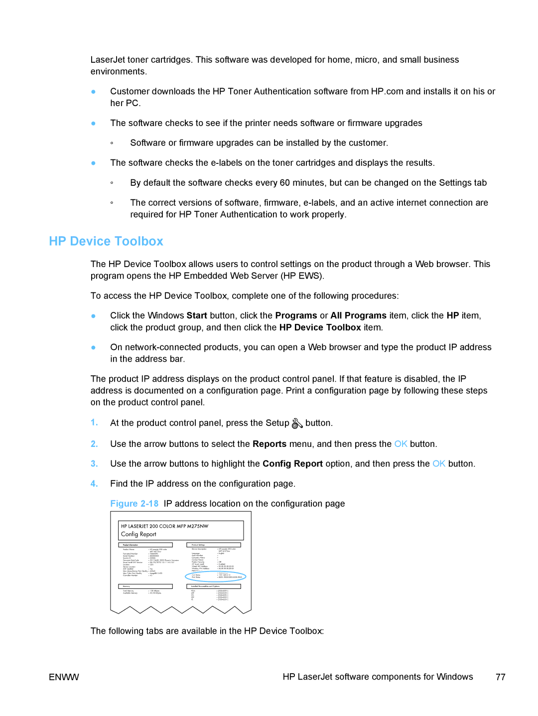 HP TopShot M275 MFP manual HP Device Toolbox, Config Report 