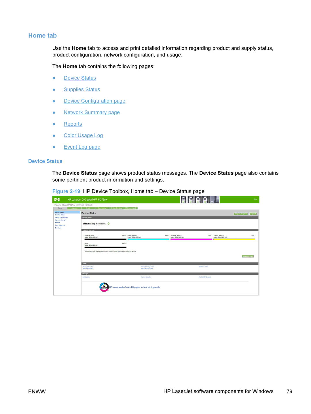 HP TopShot M275 MFP manual Home tab, Device Status 