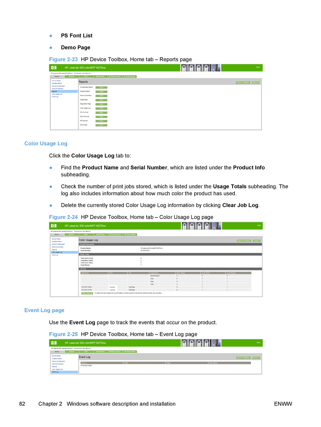 HP TopShot M275 MFP manual PS Font List Demo, Color Usage Log, Event Log 