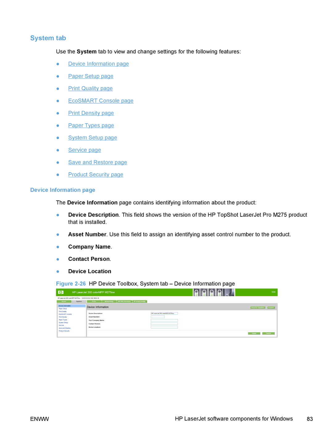 HP TopShot M275 MFP manual System tab, Device Information, Company Name Contact Person Device Location 