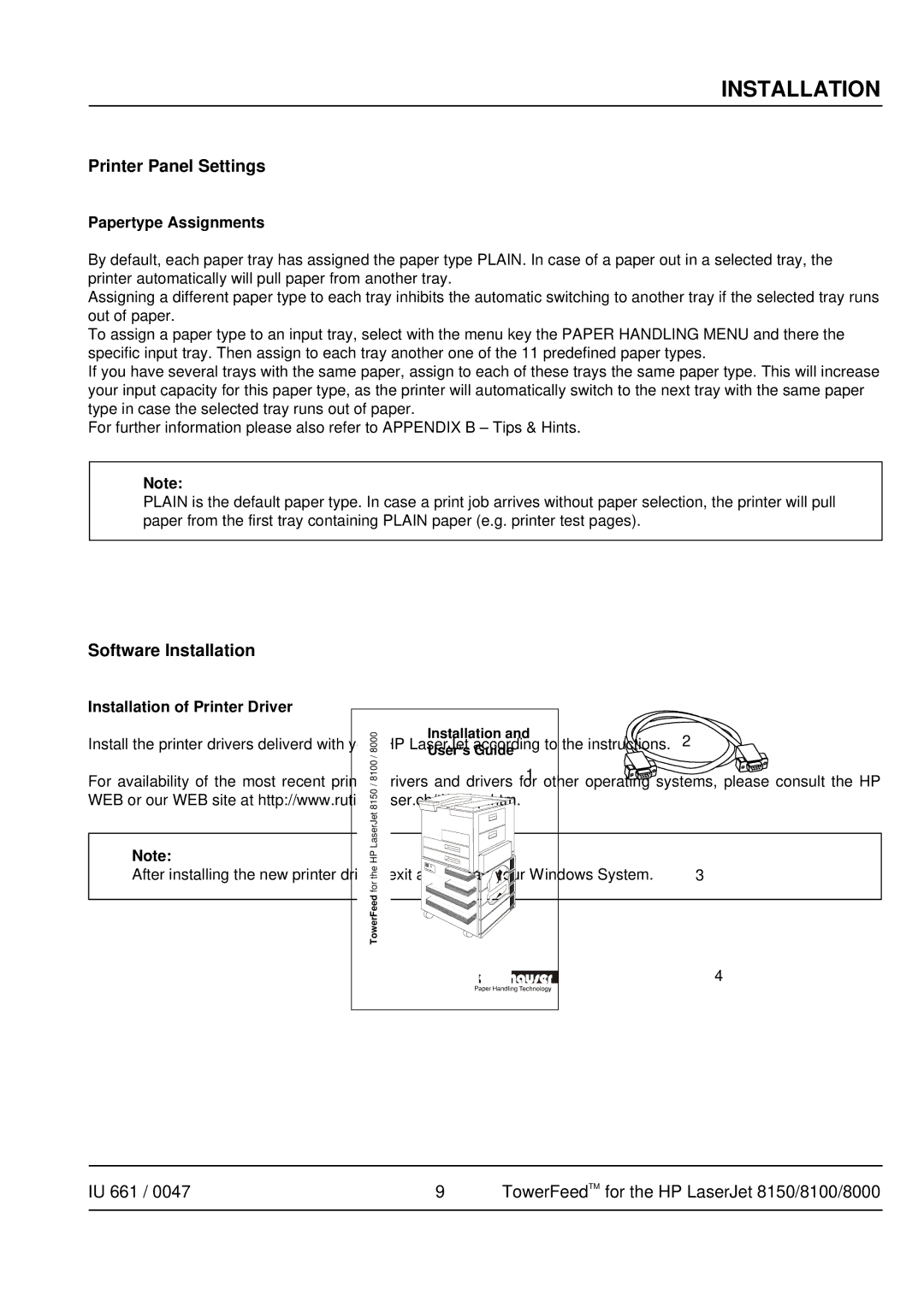 HP TOWERFEED 8150, TOWERFEED 8000 manual Papertype Assignments, Installation of Printer Driver 