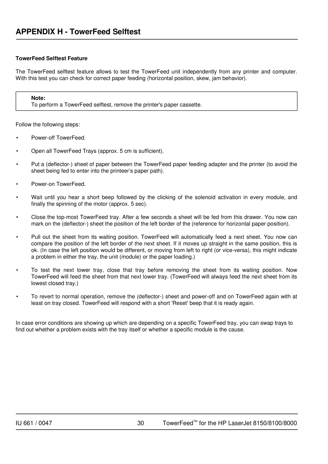 HP TOWERFEED 8000, TOWERFEED 8150 manual Appendix H TowerFeed Selftest, TowerFeed Selftest Feature 
