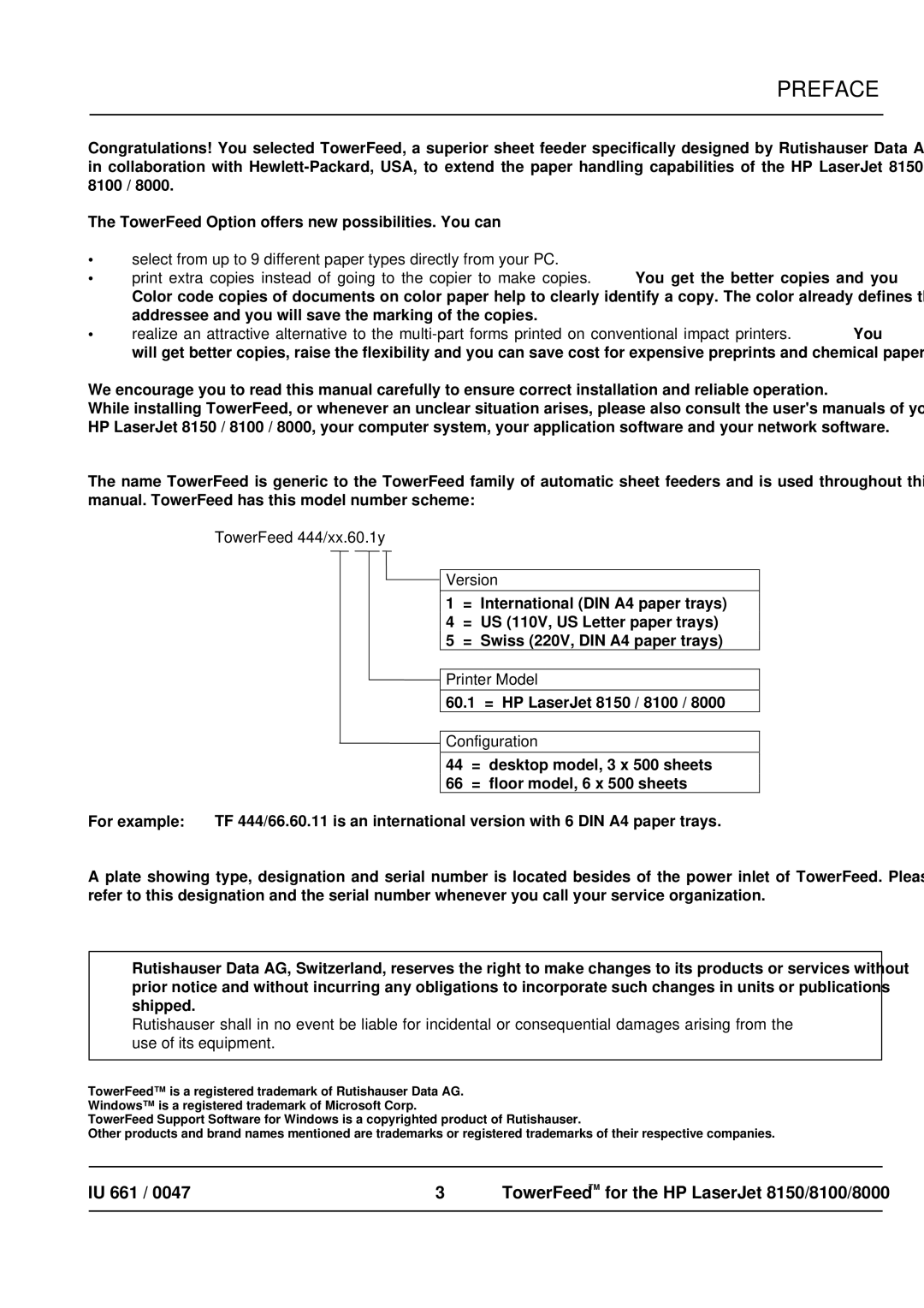 HP TOWERFEED 8150, TOWERFEED 8000 manual Preface, TowerFeed 444/xx.60.1y Version, Printer Model, Configuration 