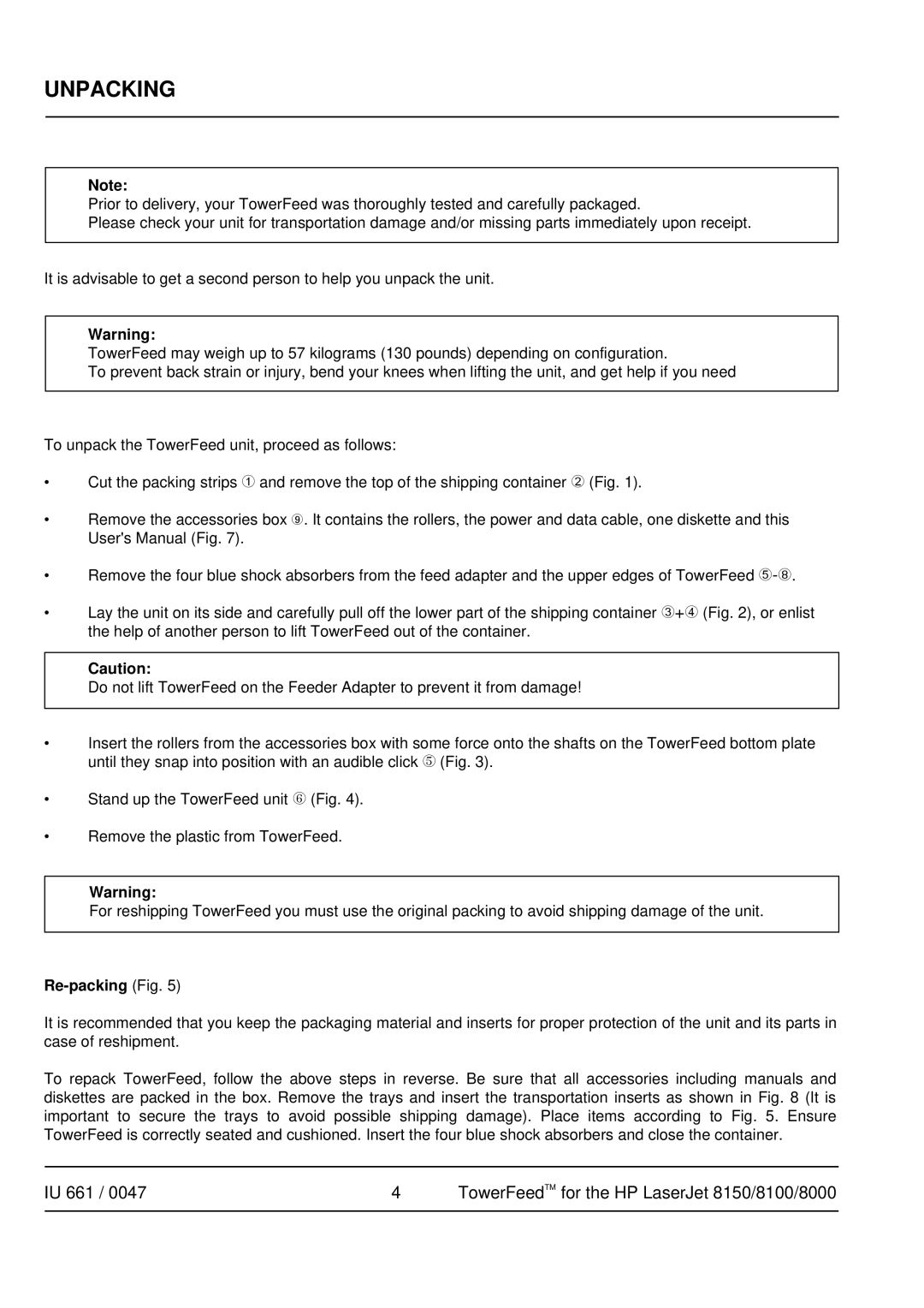 HP TOWERFEED 8000, TOWERFEED 8150 manual Unpacking, Re-packing Fig 