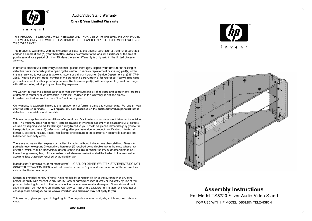 HP manual Assembly Instructions, For Model TS5220 Silver Audio Video Stand 