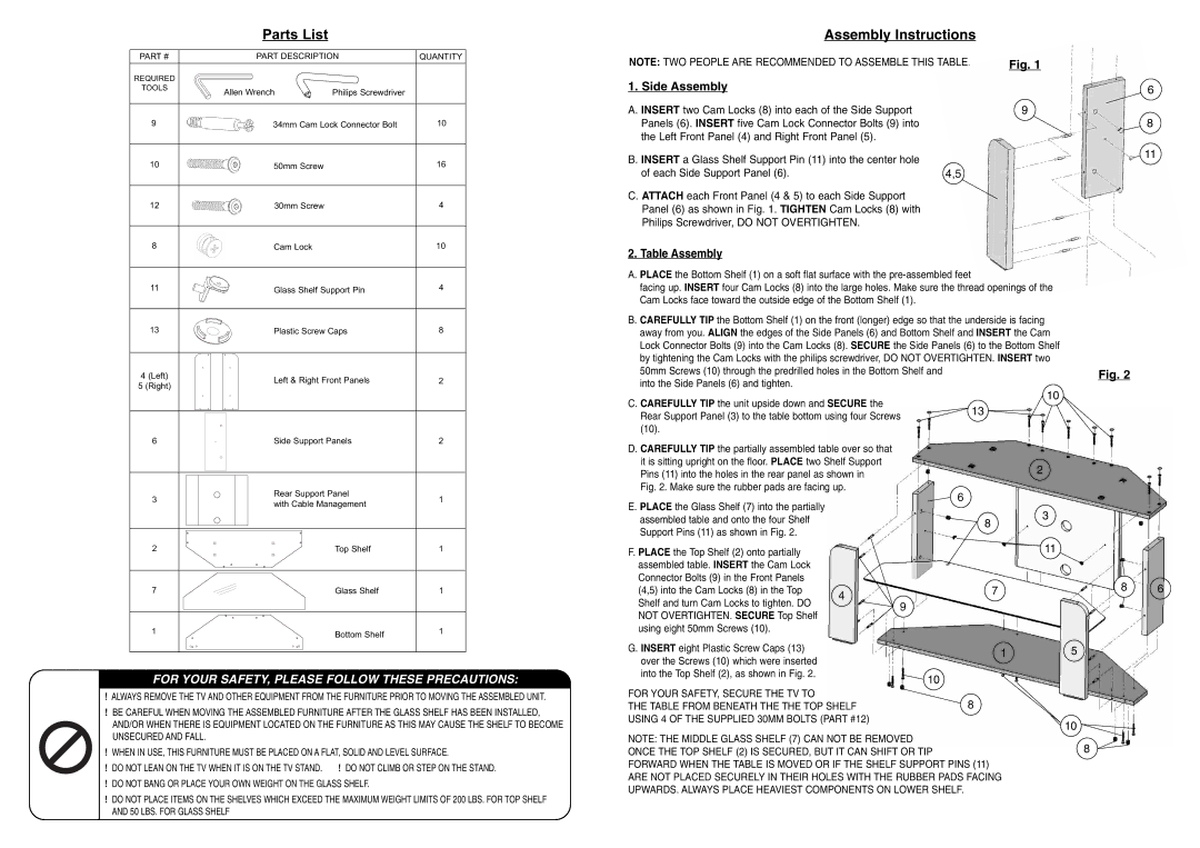 HP TS5220 manual Parts List Assembly Instructions, Side Assembly, Table Assembly, Part Description Quantity 