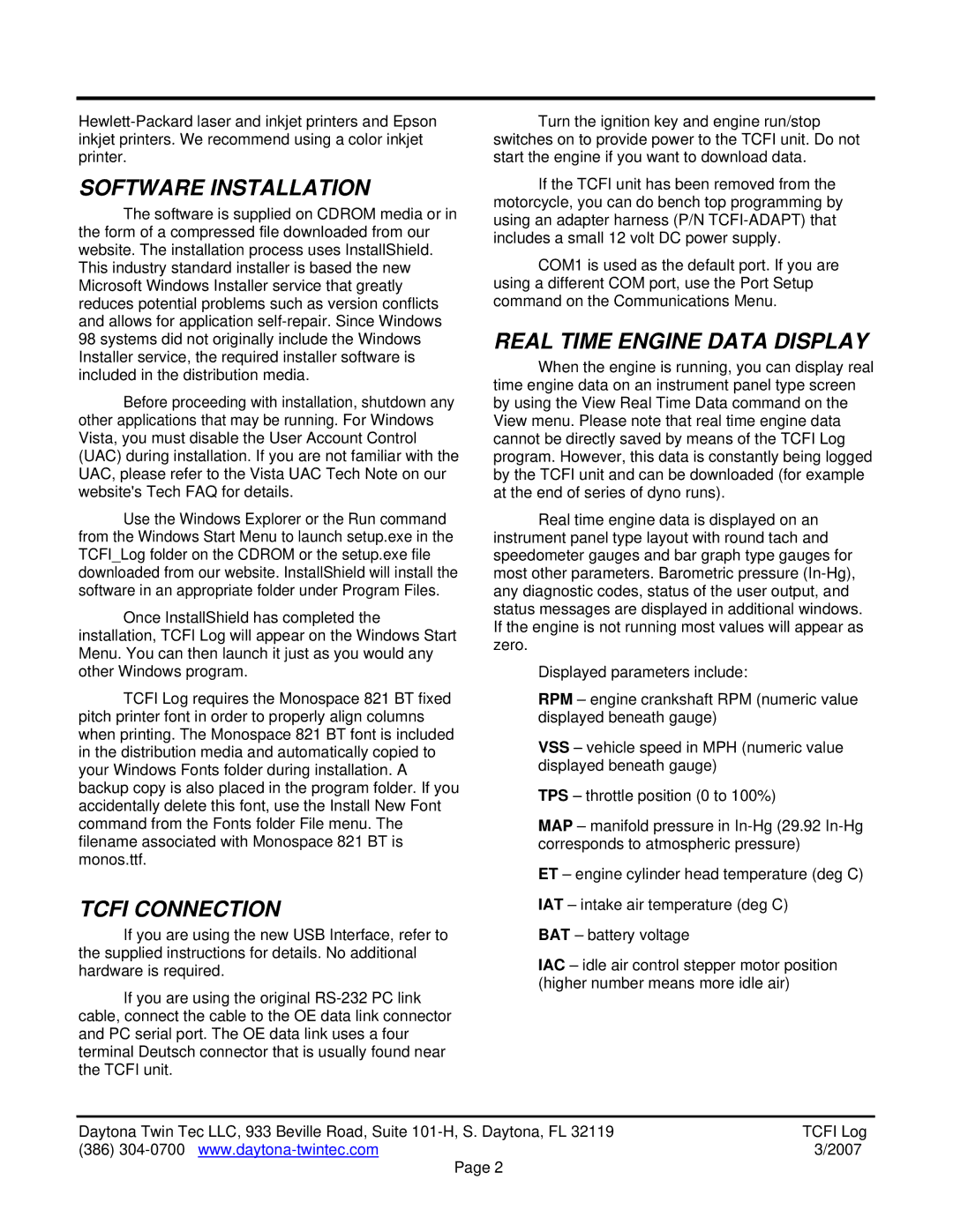 HP TwinTec manual Software Installation, Tcfi Connection, Real Time Engine Data Display 