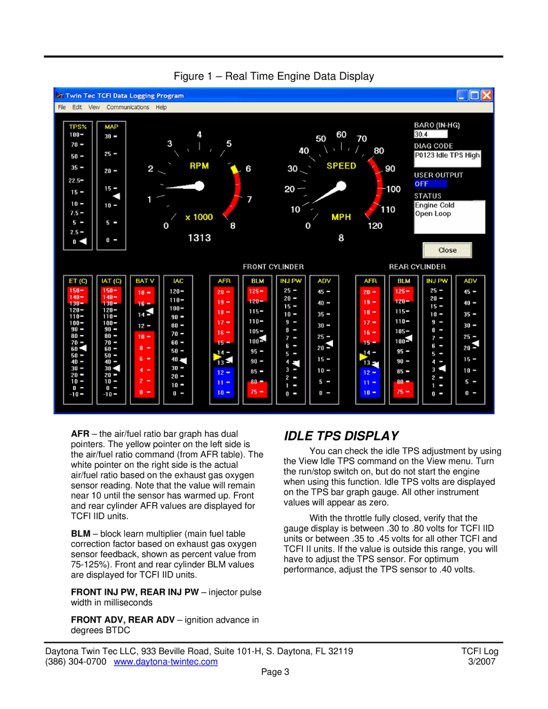 HP TwinTec manual Idle TPS Display, Real Time Engine Data Display 