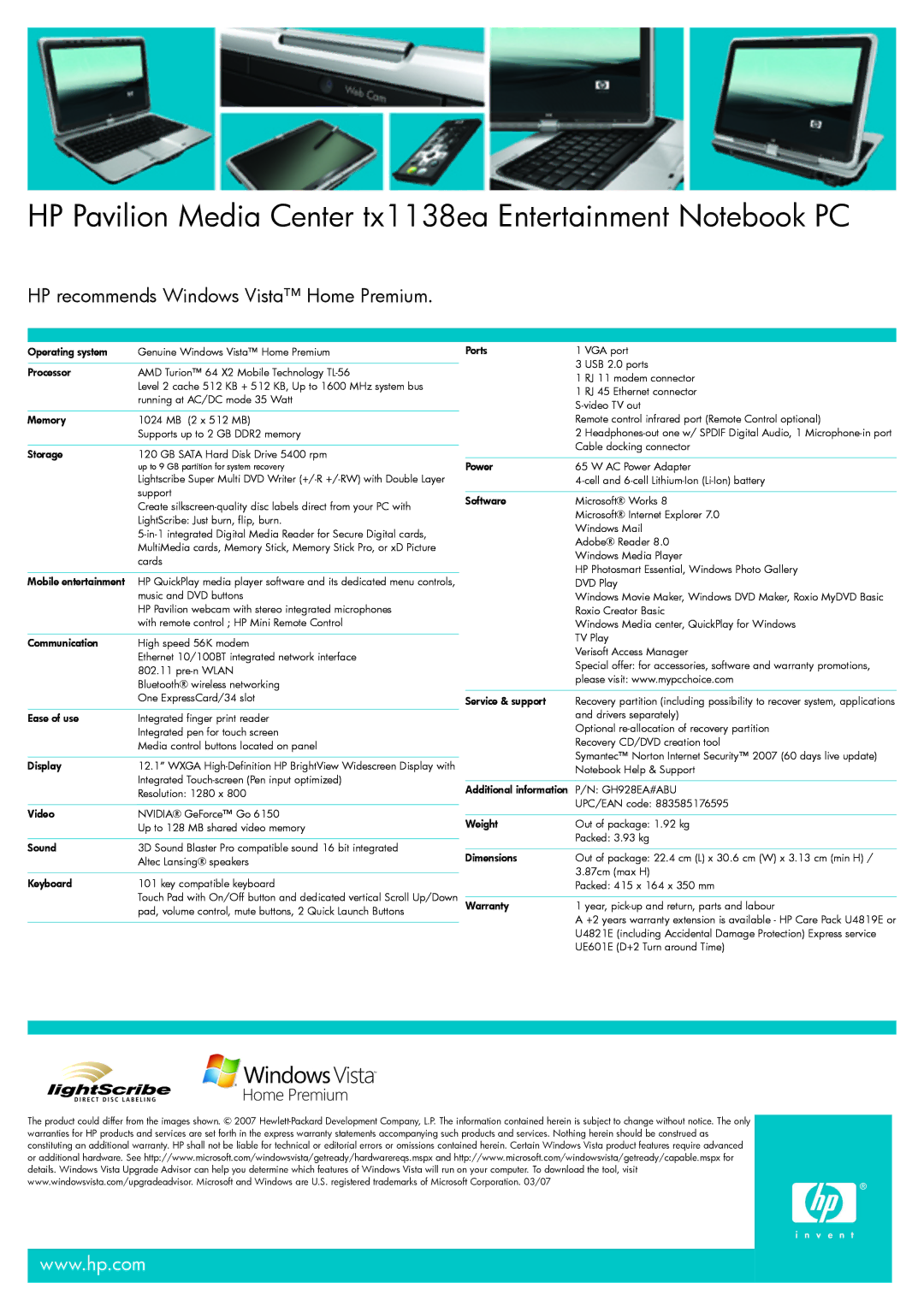 HP manual HP Pavilion Media Center tx1138ea Entertainment Notebook PC, GH928EA#ABU 