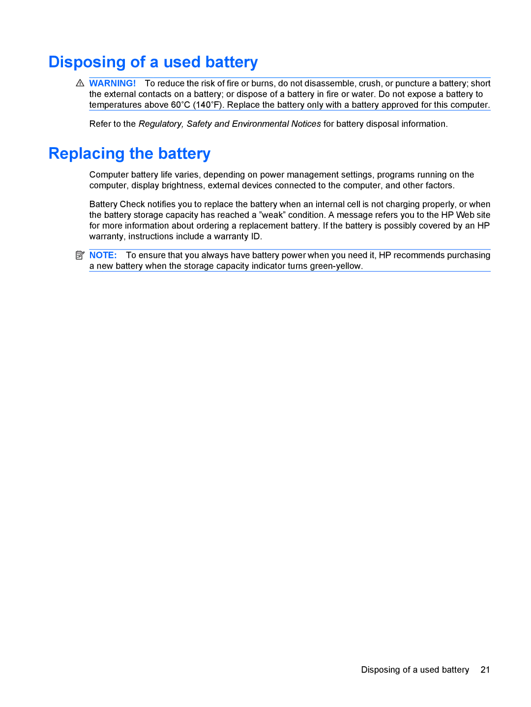 HP tx2-1024ca, tx2-1277nr, tx2-1207au, tx2-1274nr, tx2-1270us, tx2-1208au Disposing of a used battery, Replacing the battery 