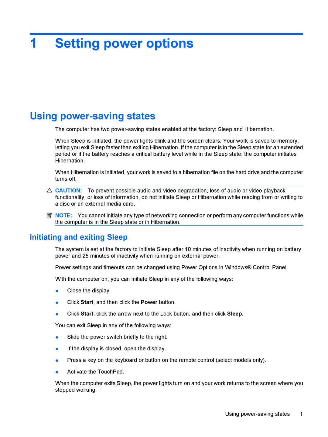 HP tx2-1209au, tx2-1277nr, tx2-1207au, t22au Setting power options, Using power-saving states, Initiating and exiting Sleep 