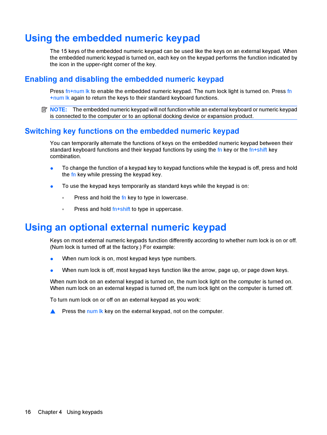 HP tx2-1032cm, tx2-1277nr, tx2-1207au, t22au Using the embedded numeric keypad, Using an optional external numeric keypad 