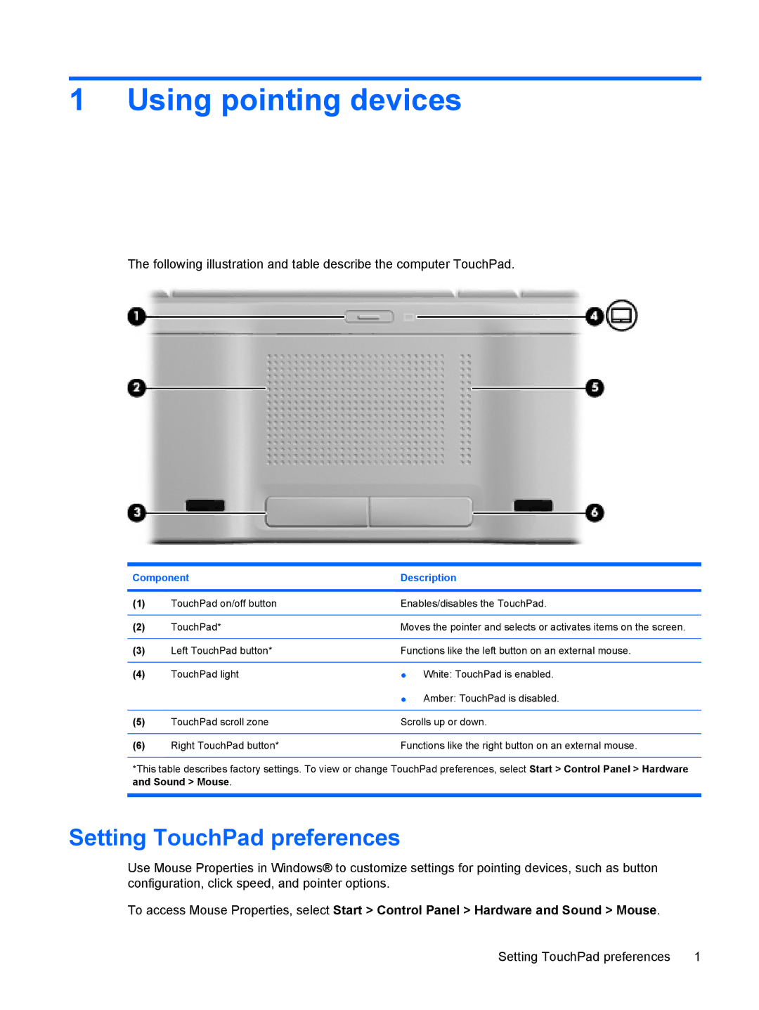 HP tx2-1209au, tx2-1277nr, tx2-1207au, tx2-1274nr, tx2-1270us, tx2-1208au Using pointing devices, Setting TouchPad preferences 