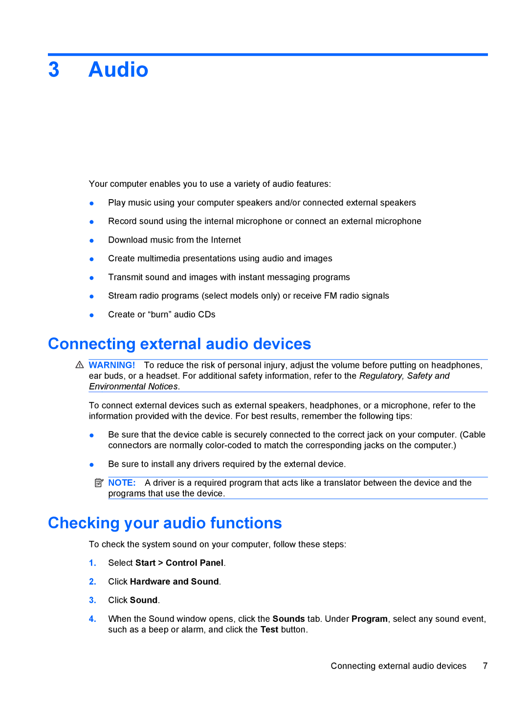 HP t07au, tx2-1277nr, tx2-1207au, tx2-1274nr, t22au Audio, Connecting external audio devices, Checking your audio functions 