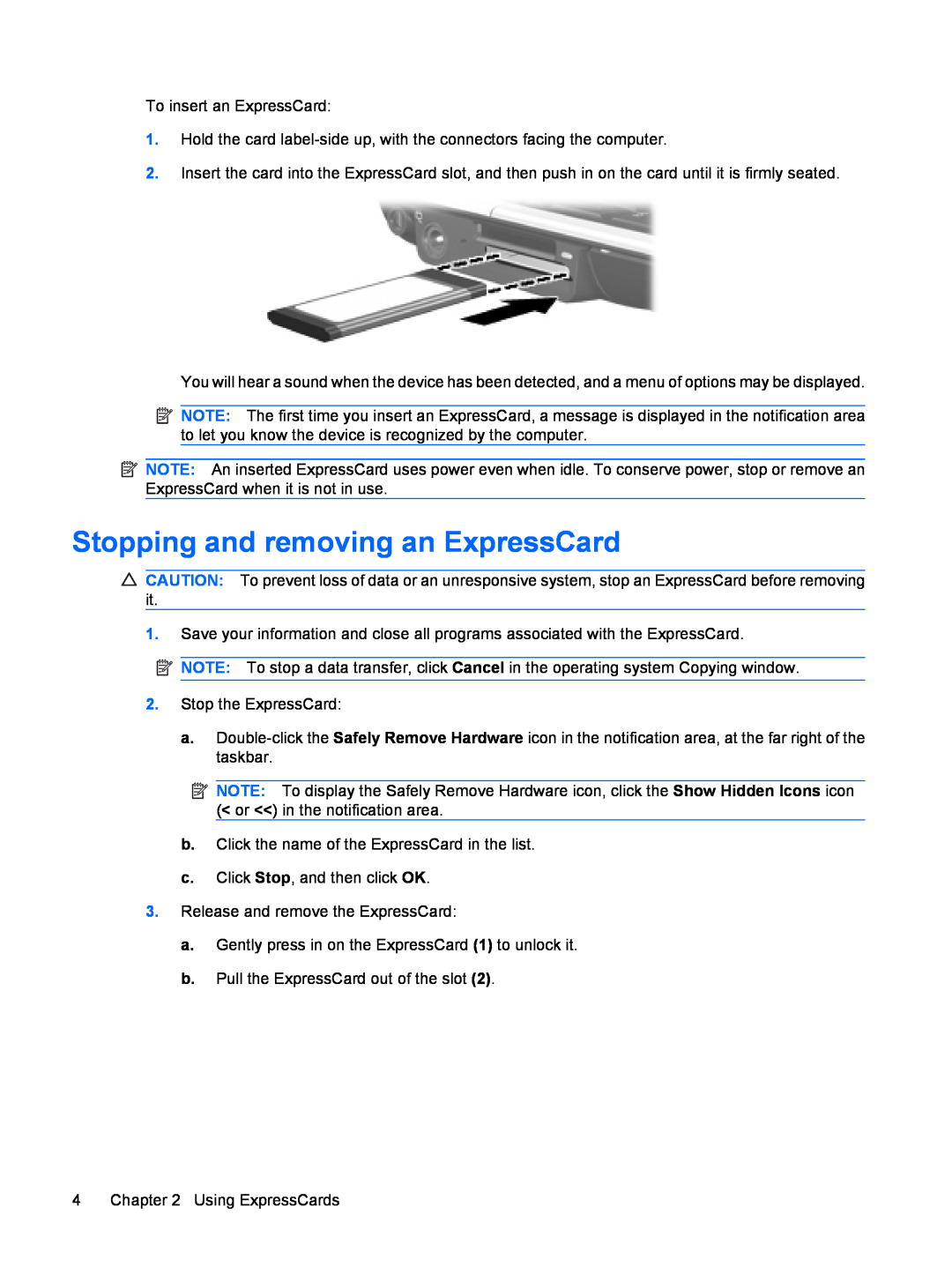 HP t09au, tx2-1277nr, tx2-1207au, tx2-1274nr, tx2-1270us, tx2-1208au, tx2-1209au, t22au Stopping and removing an ExpressCard 