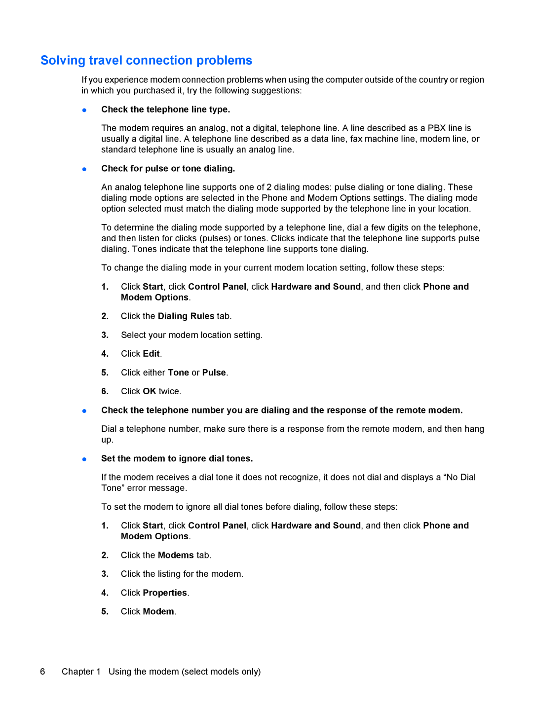 HP t02au, tx2-1277nr, tx2-1270us, tx2-1208au, t22au, t10au Solving travel connection problems, Check the telephone line type 