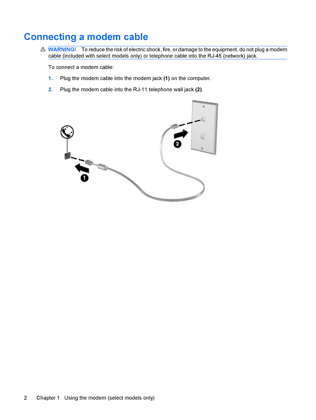 HP tx2z-1300, tx2-1310au, tx2-1308au, tx2-1305au, tx2-1307au, tx2-1323au, tx2-1370us, CQ41-206AU manual Connecting a modem cable 