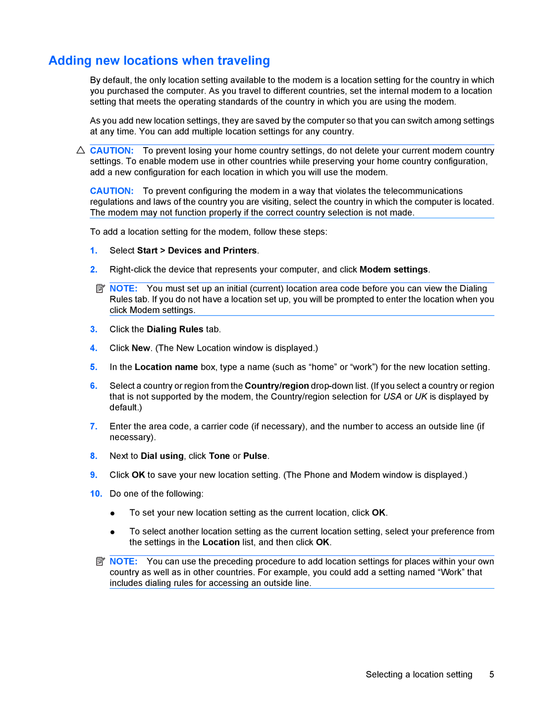 HP CQ40-748TU, tx2-1310au, tx2-1308au, tx2-1305au Adding new locations when traveling, Select Start Devices and Printers 