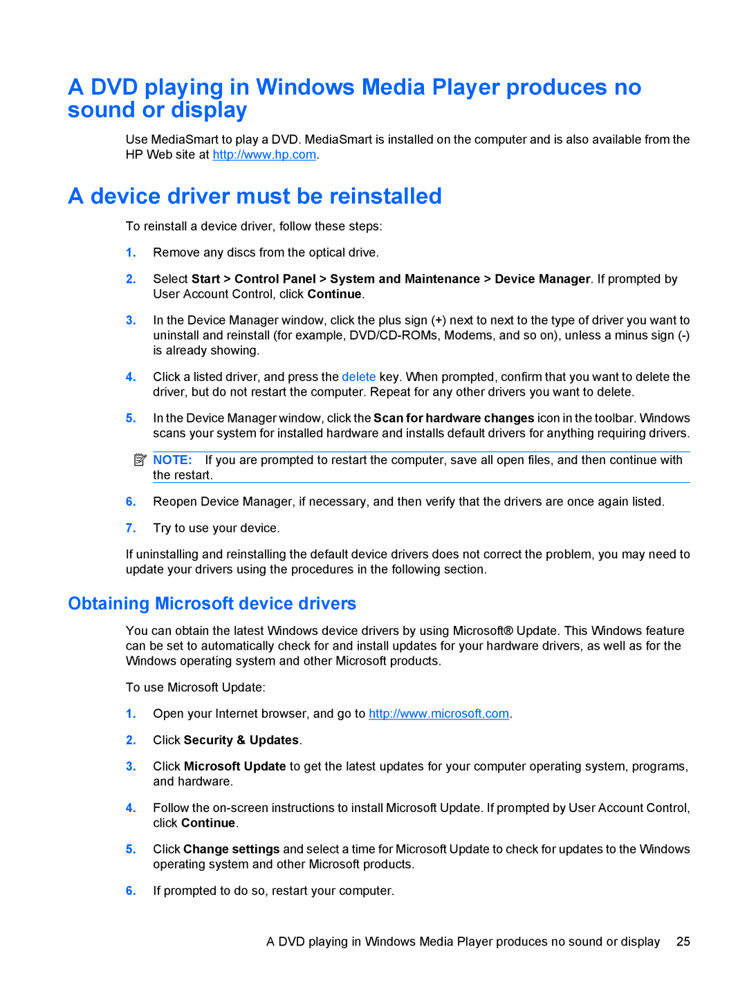 HP tx2-1027ca, TX2-1375DX, tx2-1310au, tx2-1277nr, tx2-1305au Obtaining Microsoft device drivers, Click Security & Updates 