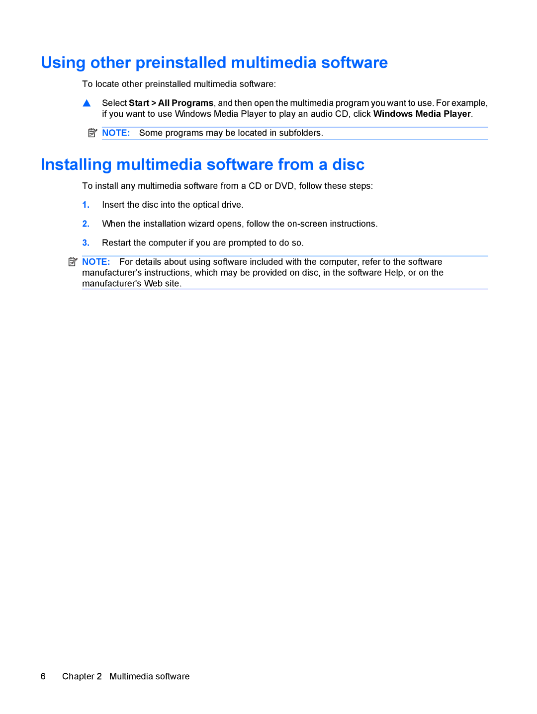 HP tx2-1310au, TX2-1375DX manual Using other preinstalled multimedia software, Installing multimedia software from a disc 