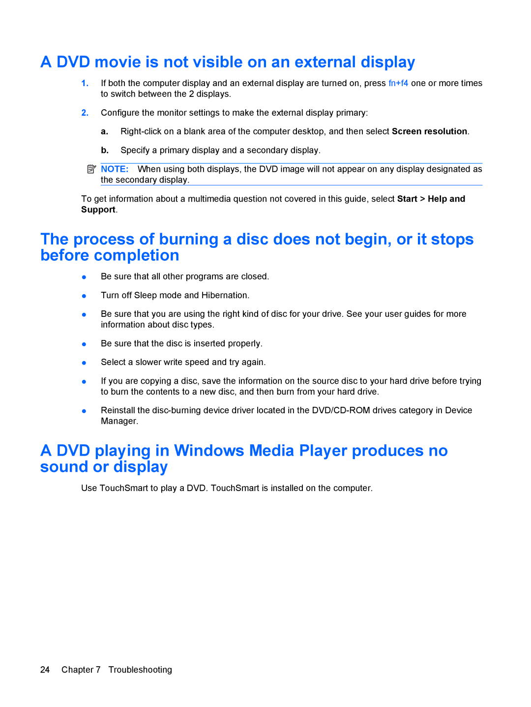 HP tx2-1310au, TX2-1375DX, tx2-1305au, tx2-1307au, tx2-1323au, tx2-1326au manual DVD movie is not visible on an external display 