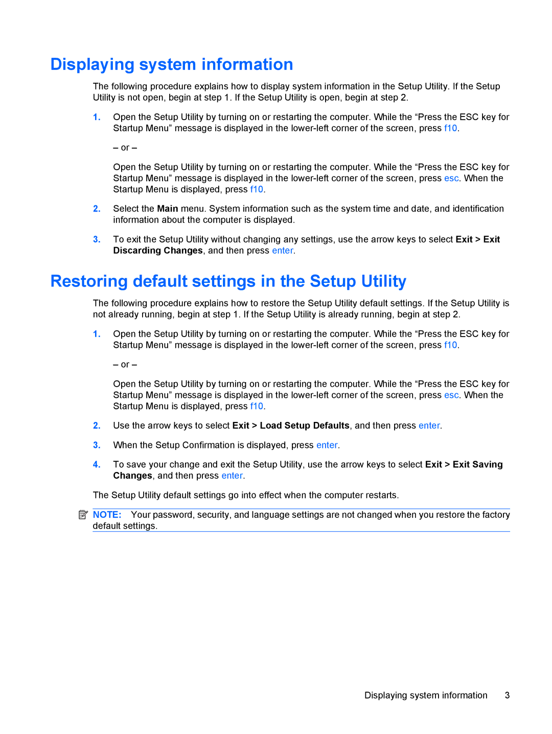 HP tx2-1270us, TX2-1375DX, tx2-1310au, t22au Displaying system information, Restoring default settings in the Setup Utility 