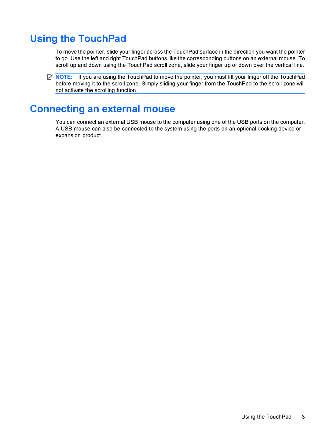 HP tx2-1370us, TX2-1375DX, tx2-1310au, tx2-1308au, tx2-1305au, tx2-1307au Using the TouchPad, Connecting an external mouse 