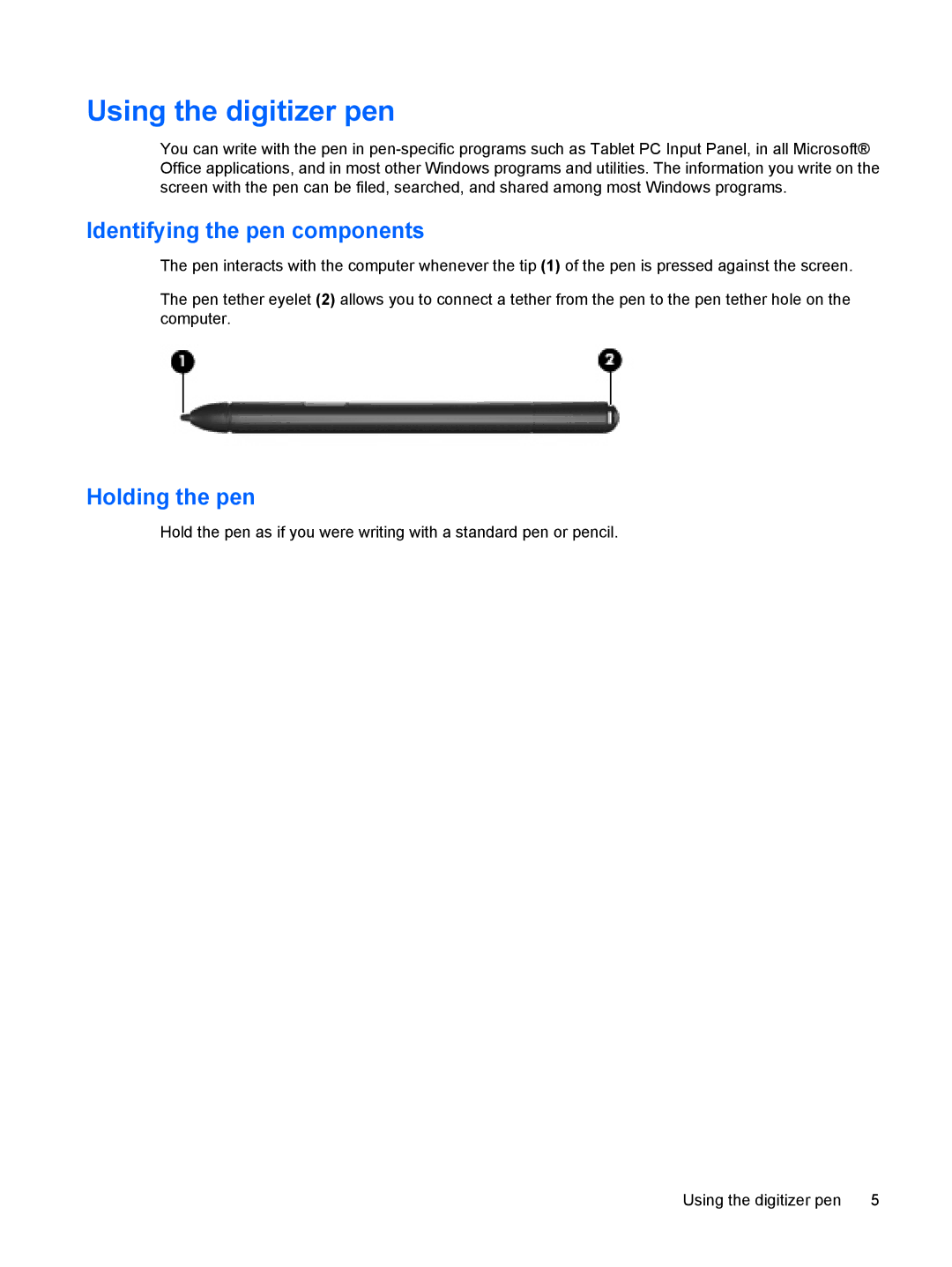 HP tx2-1377nr, TX2-1375DX, tx2-1310au, tx2-1308au Using the digitizer pen, Identifying the pen components, Holding the pen 