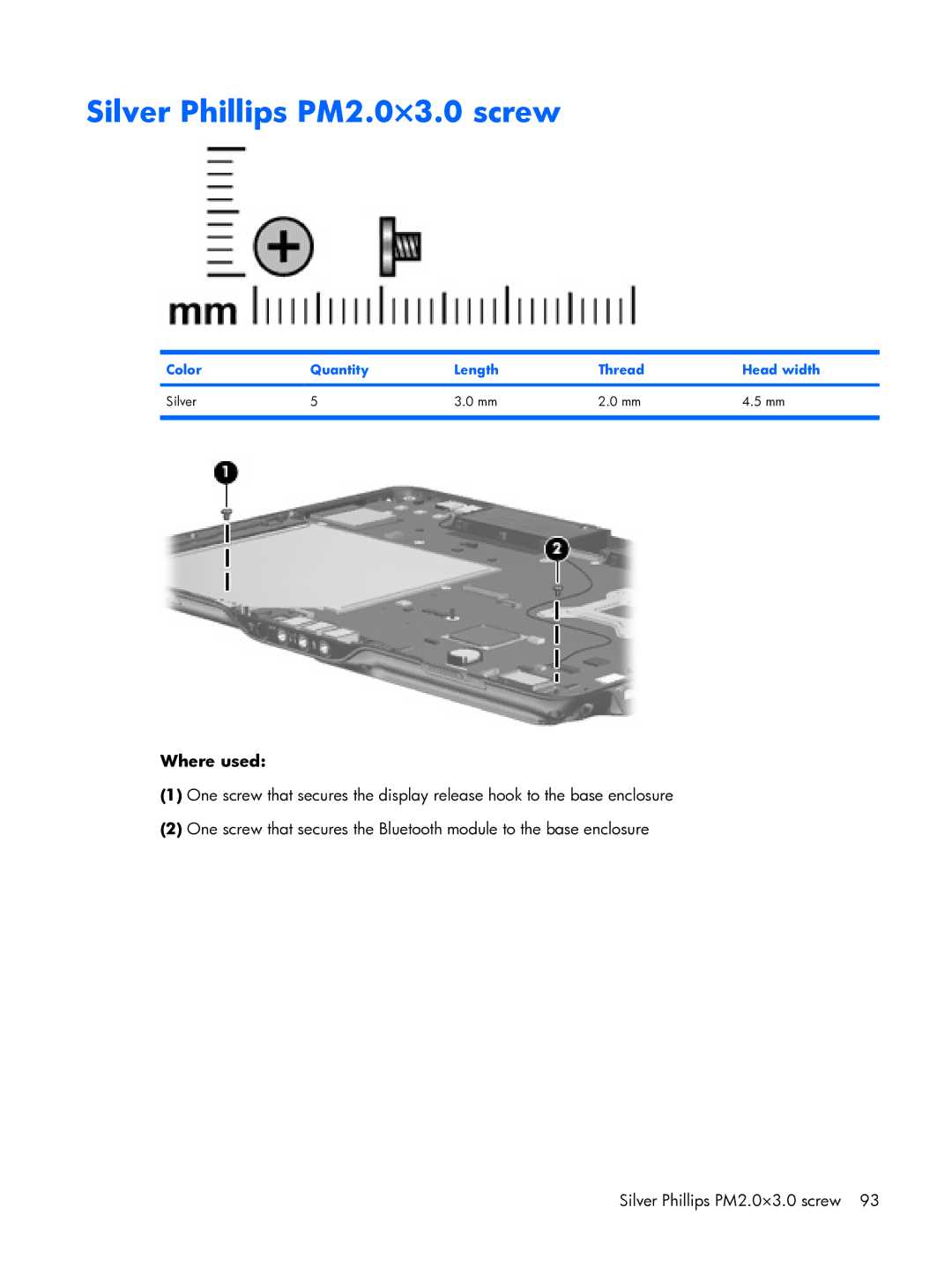 HP tx2000 manual Silver Phillips PM2.0×3.0 screw 