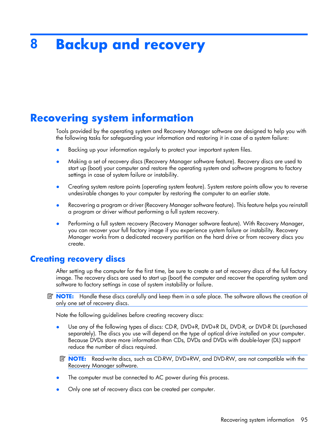 HP tx2000 manual Backup and recovery, Recovering system information, Creating recovery discs 