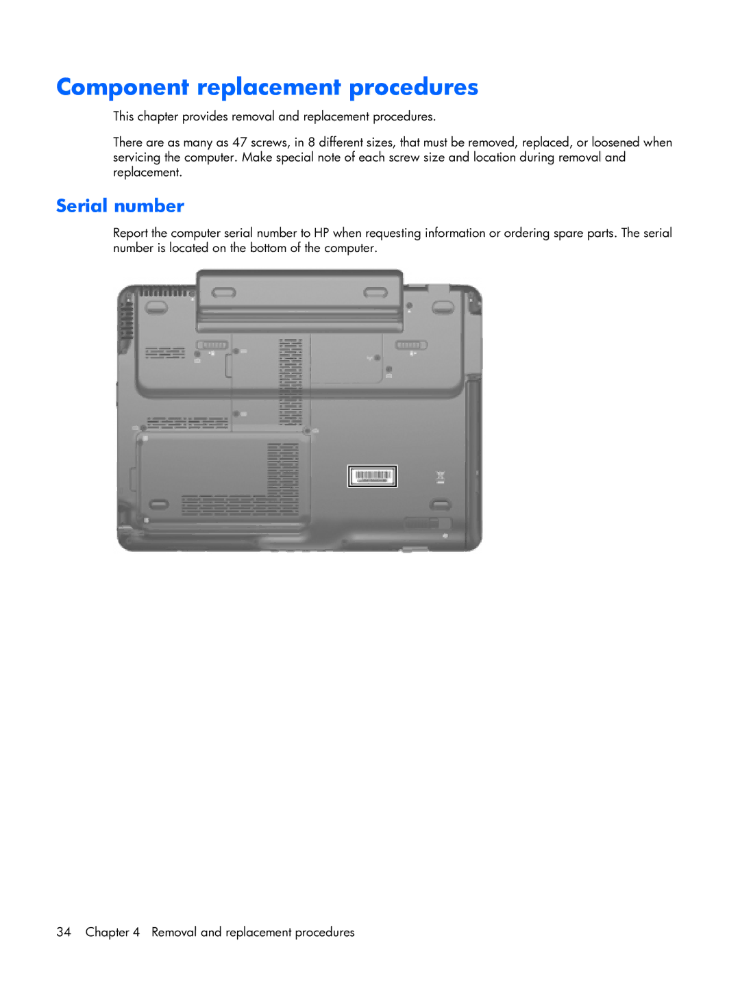 HP tx2000 manual Component replacement procedures, Serial number 