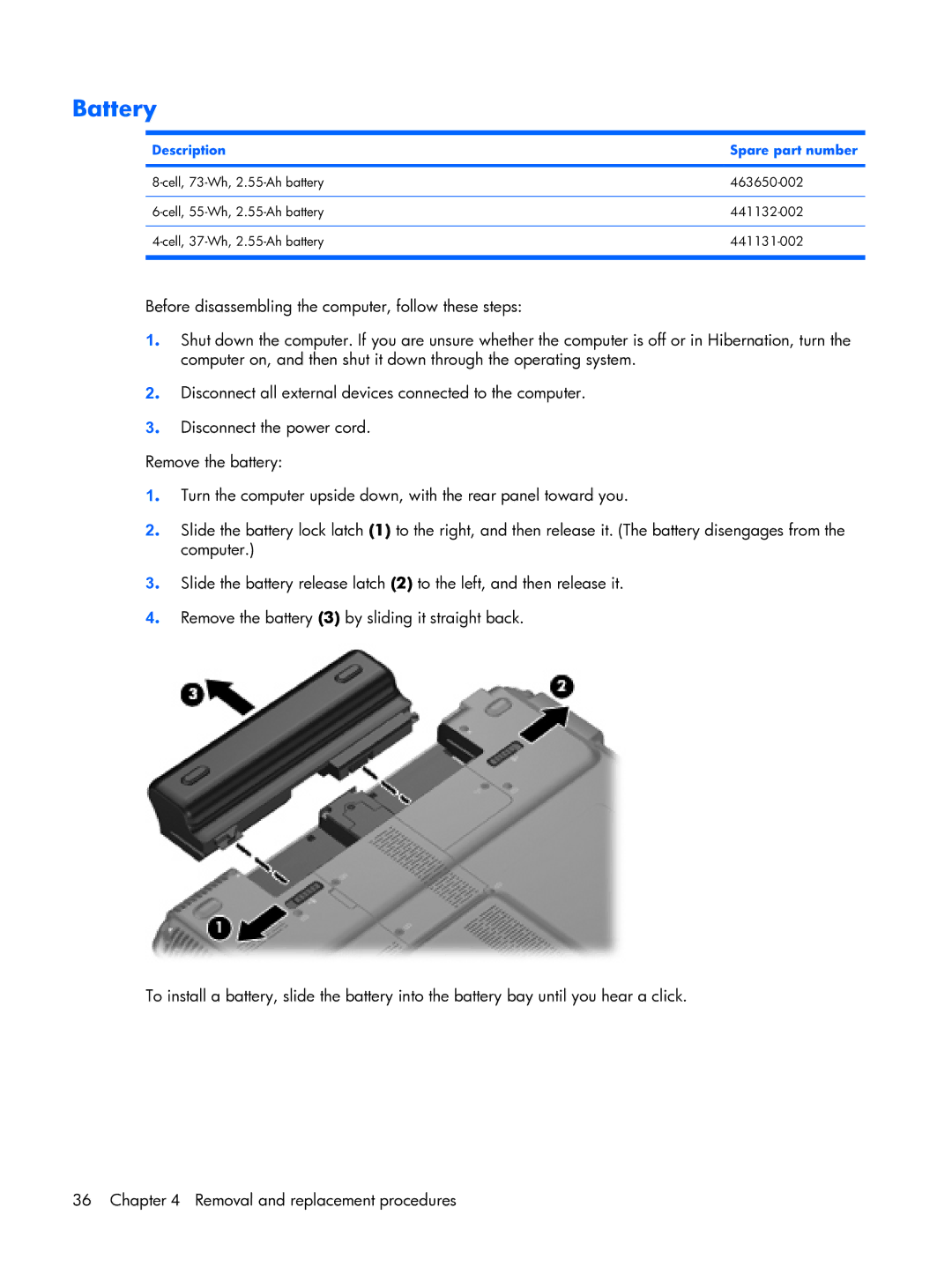 HP tx2000 manual Battery, Description Spare part number 