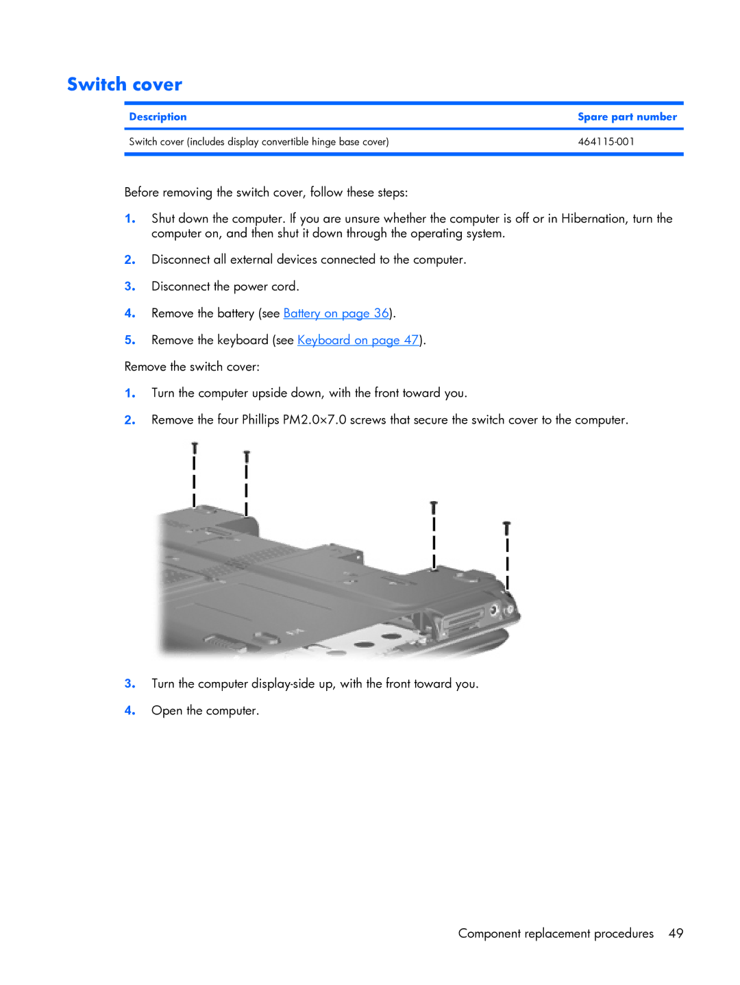 HP tx2000 manual Switch cover 