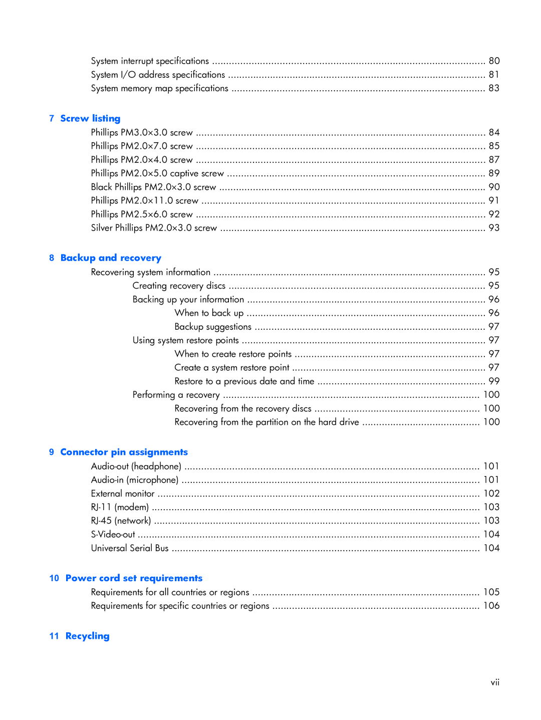 HP tx2000 manual Screw listing 