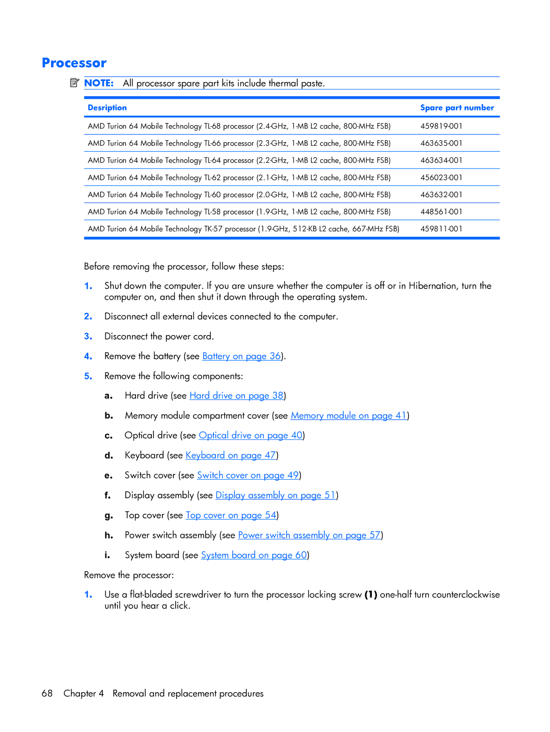 HP tx2000 manual Processor, Desription Spare part number 