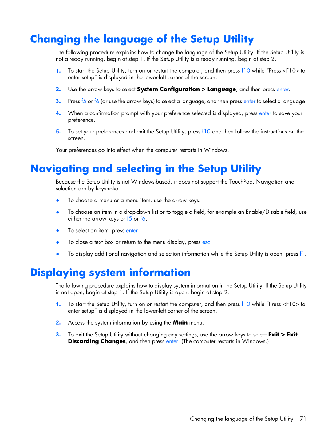 HP tx2000 manual Changing the language of the Setup Utility, Navigating and selecting in the Setup Utility 