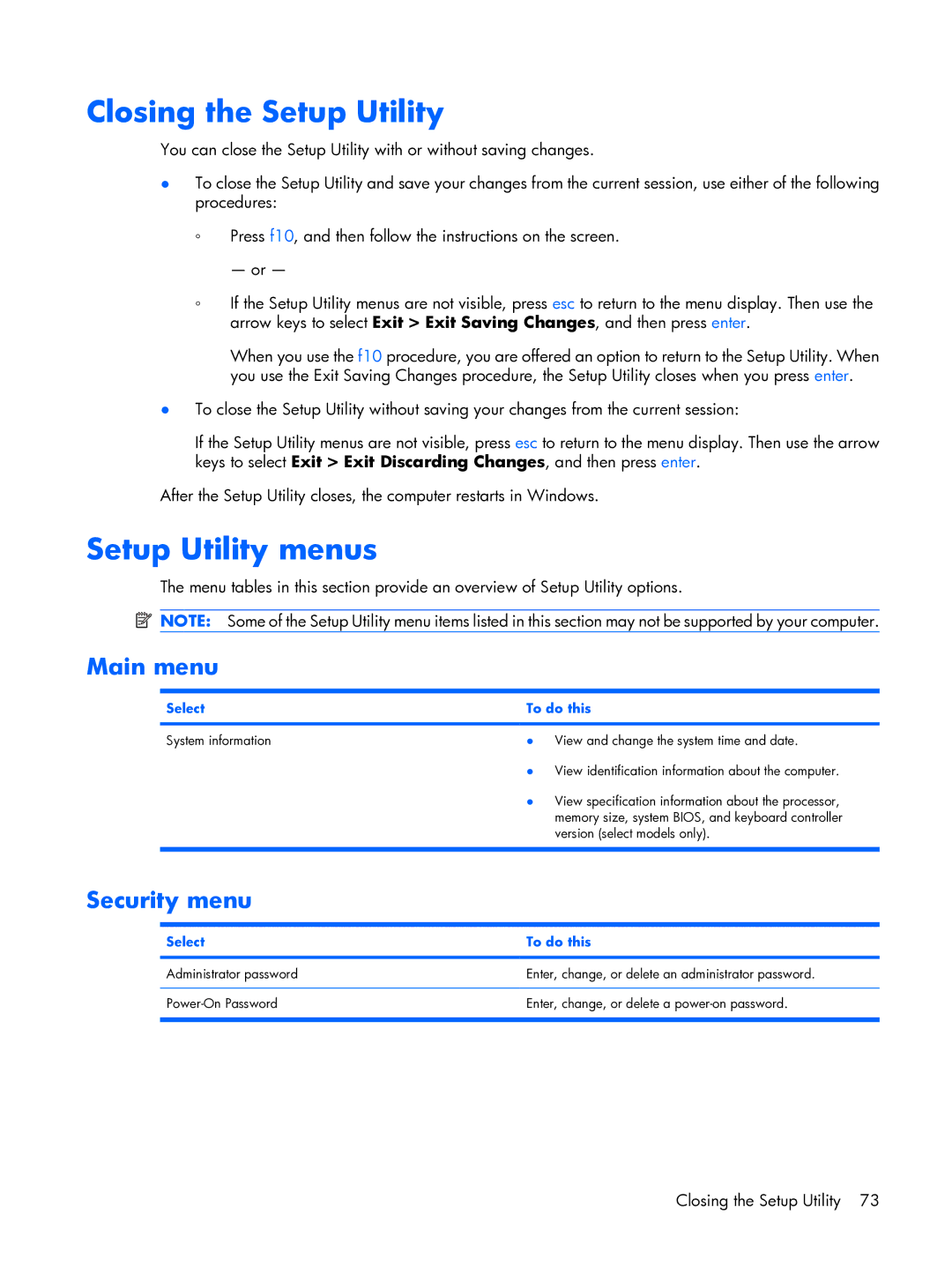 HP tx2000 manual Closing the Setup Utility, Setup Utility menus, Main menu, Security menu, Select To do this 