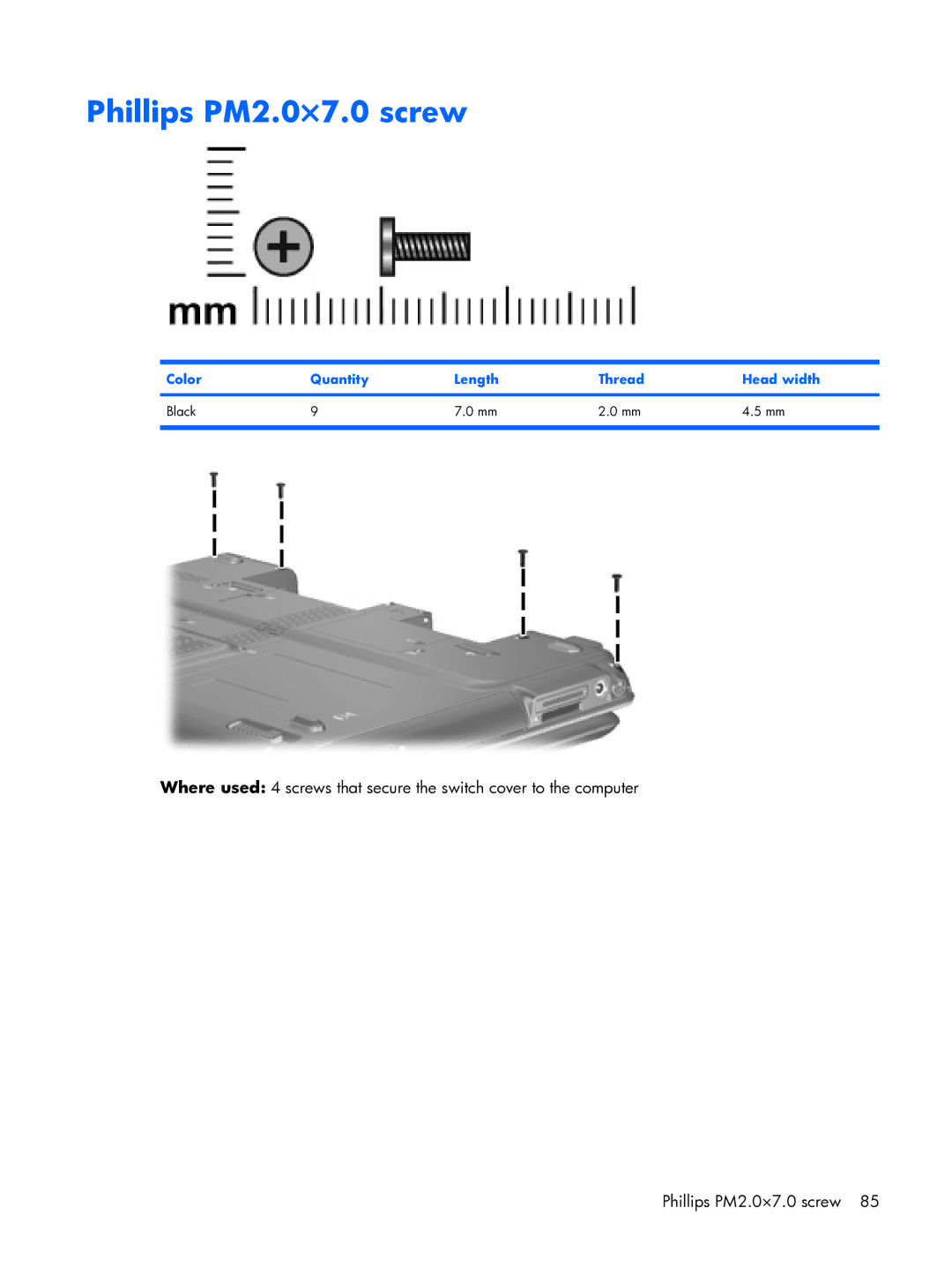 HP tx2000 manual Phillips PM2.0×7.0 screw, Color Quantity Length Thread Head width Black 