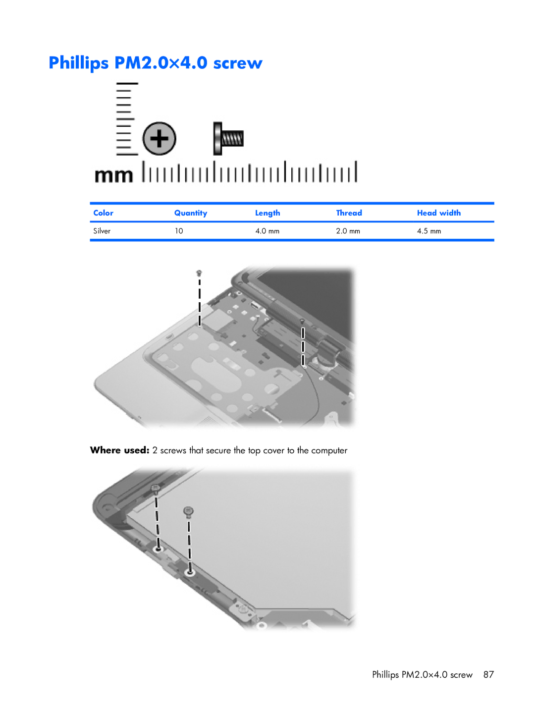 HP tx2000 manual Phillips PM2.0×4.0 screw, Color Quantity Length Thread Head width Silver 