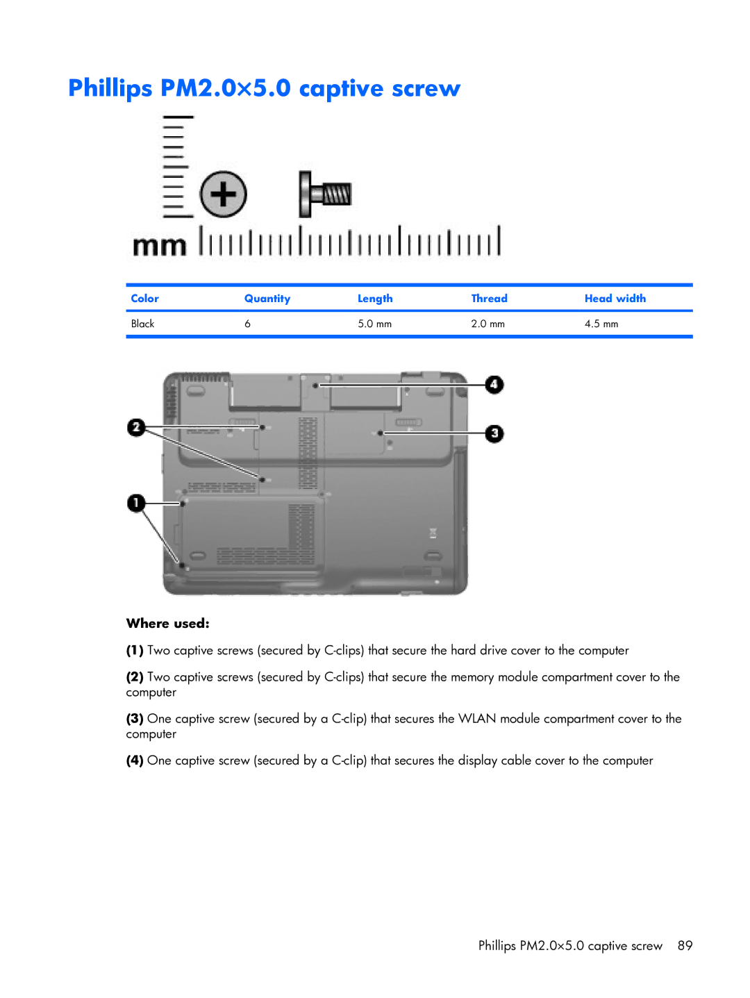 HP tx2000 manual Phillips PM2.0×5.0 captive screw, Where used 