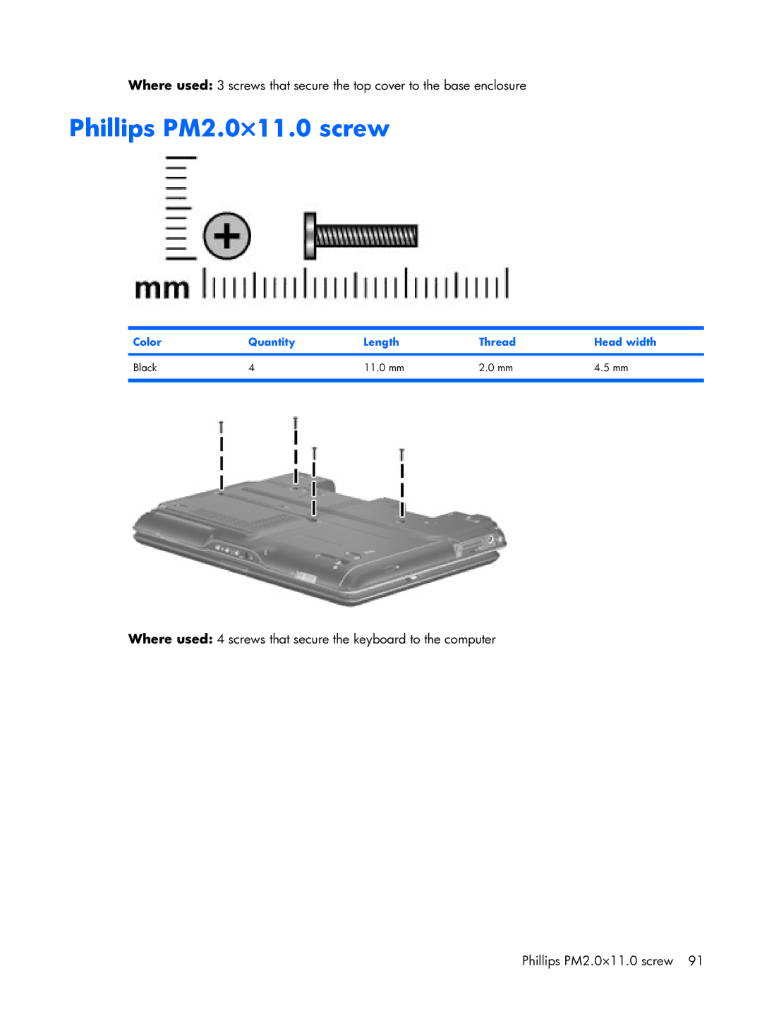 HP tx2000 manual Phillips PM2.0×11.0 screw, Color Quantity Length Thread Head width Black 11.0 mm 