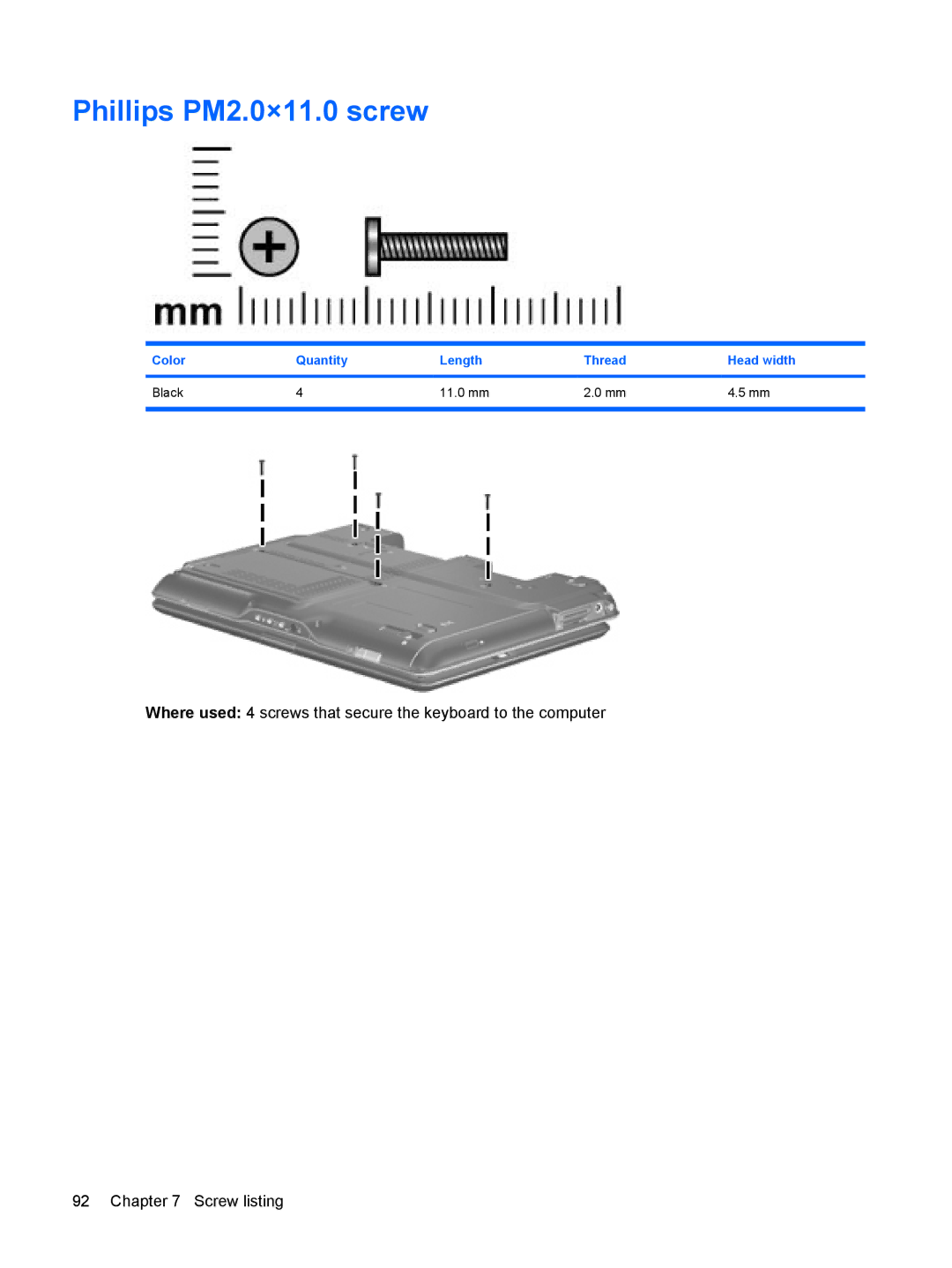 HP TX2500 manual Phillips PM2.0×11.0 screw, Color Quantity Length Thread Head width Black 11.0 mm 