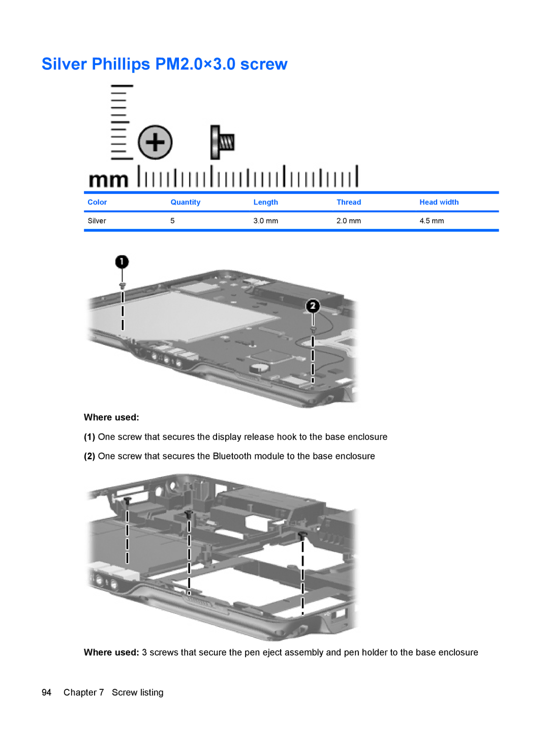 HP TX2500 manual Silver Phillips PM2.0×3.0 screw 